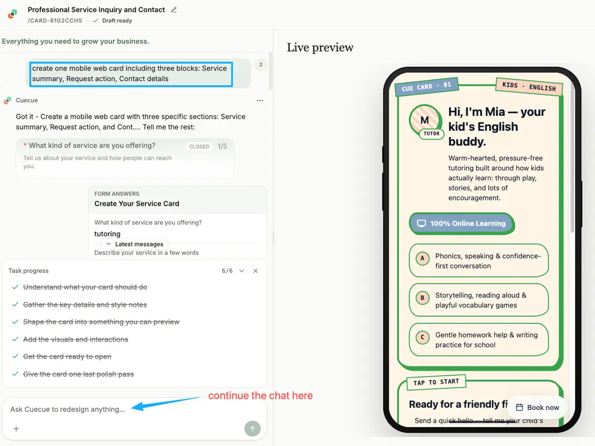Backend editor interface with a progress checklist for building and refining a booking page example.