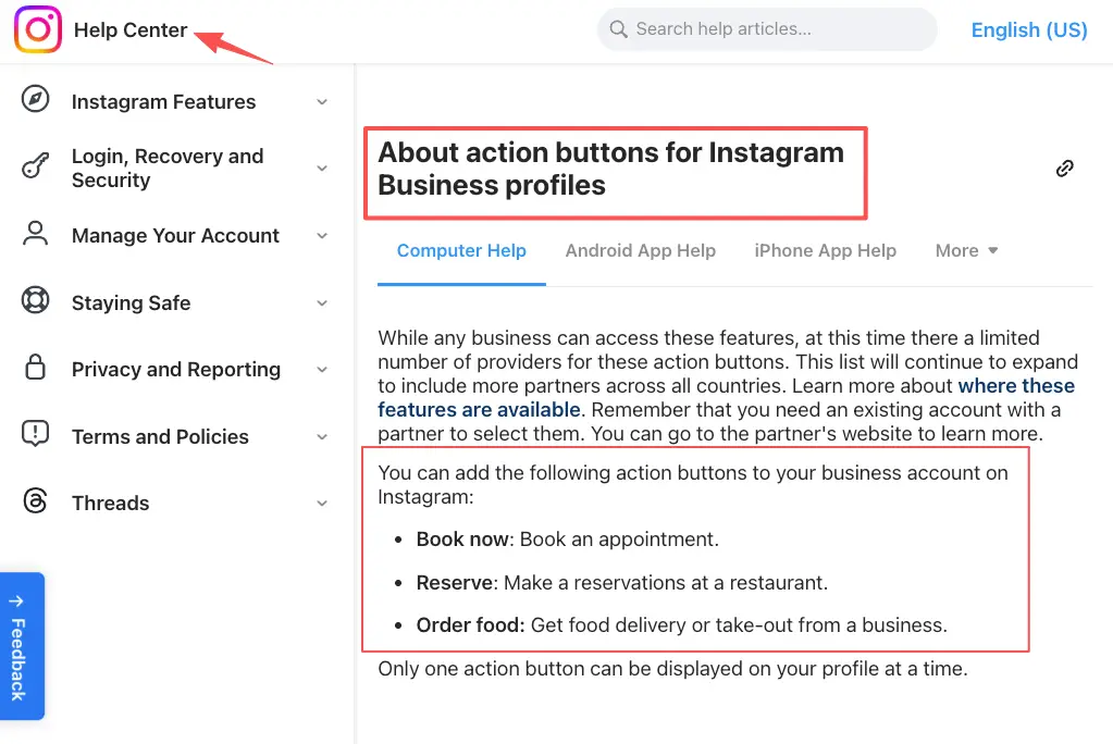 Instagram Business profile help guide explaining action buttons including “Book Now”. Important feature for converting your Instagram bio for photographer into direct client bookings.