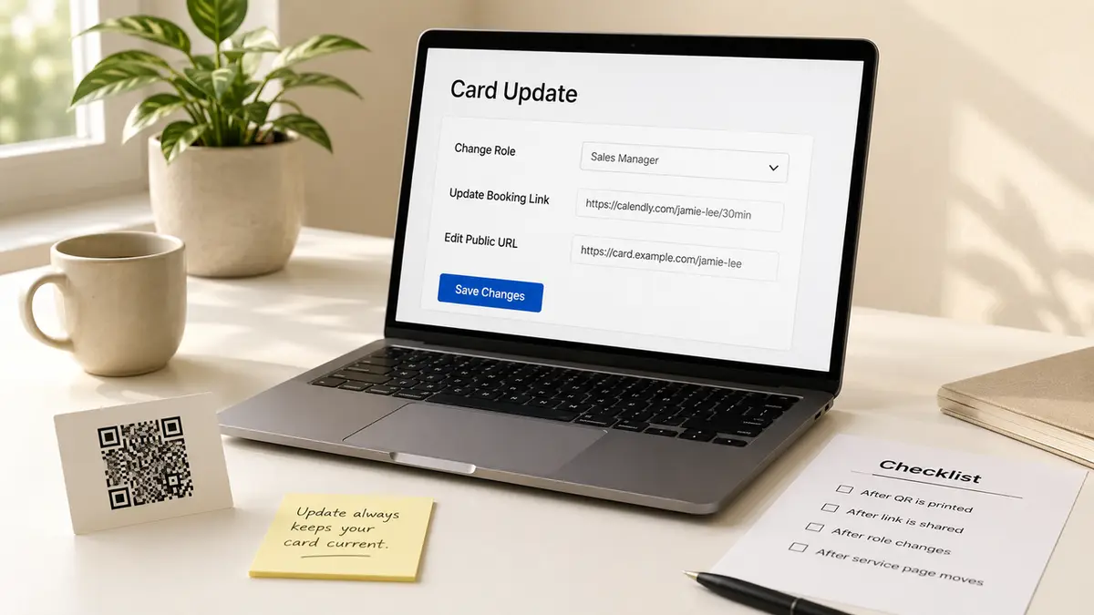 A laptop shows the backend of a digital business card platform, where user information can be quickly updated.