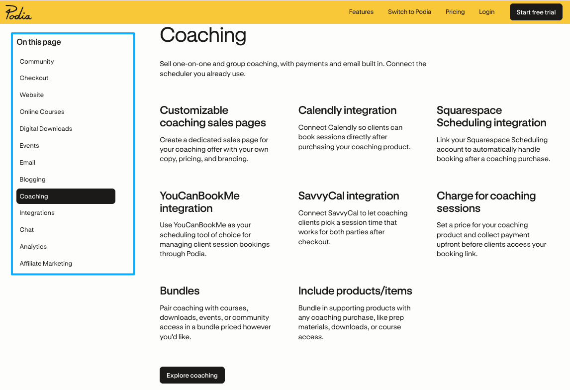 Podia coaching integrations page reviewed when evaluating top Podia alternatives.