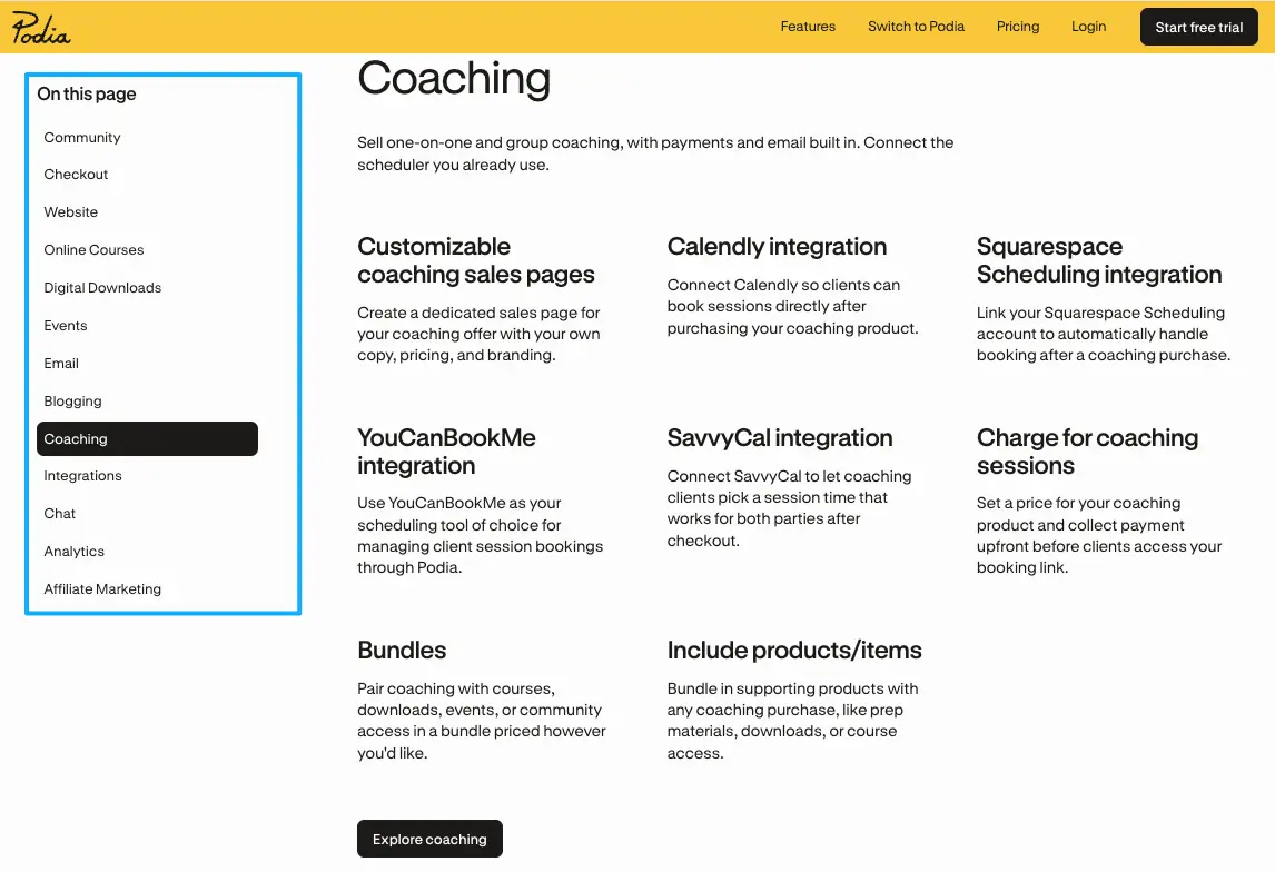 Podia coaching integrations page reviewed when evaluating top Podia alternatives.