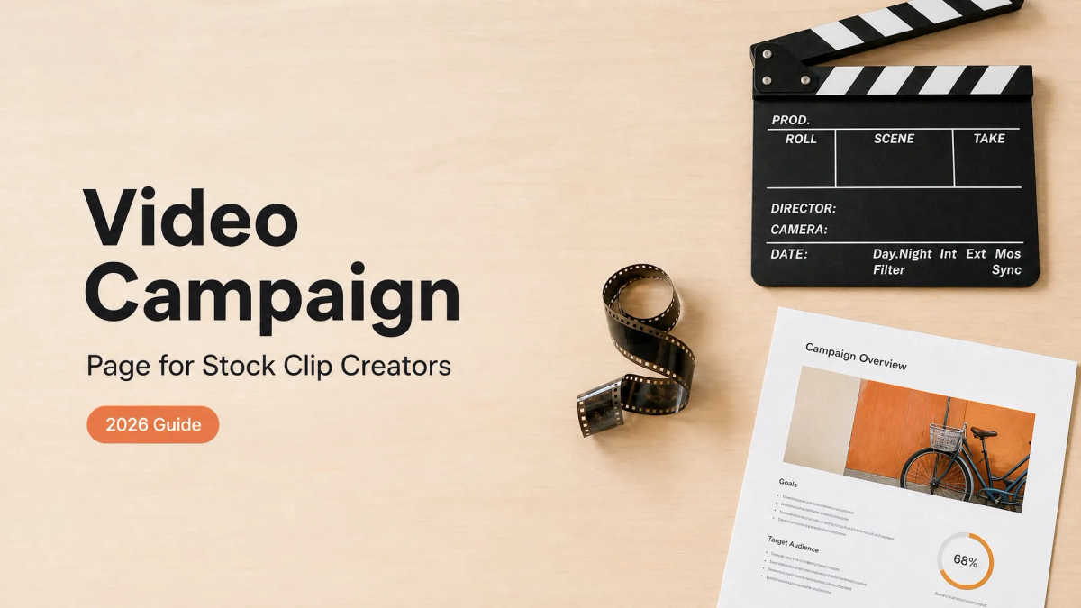 A 2026 guide and clapperboard on a desk for building a video campaign page for stock clip creators.