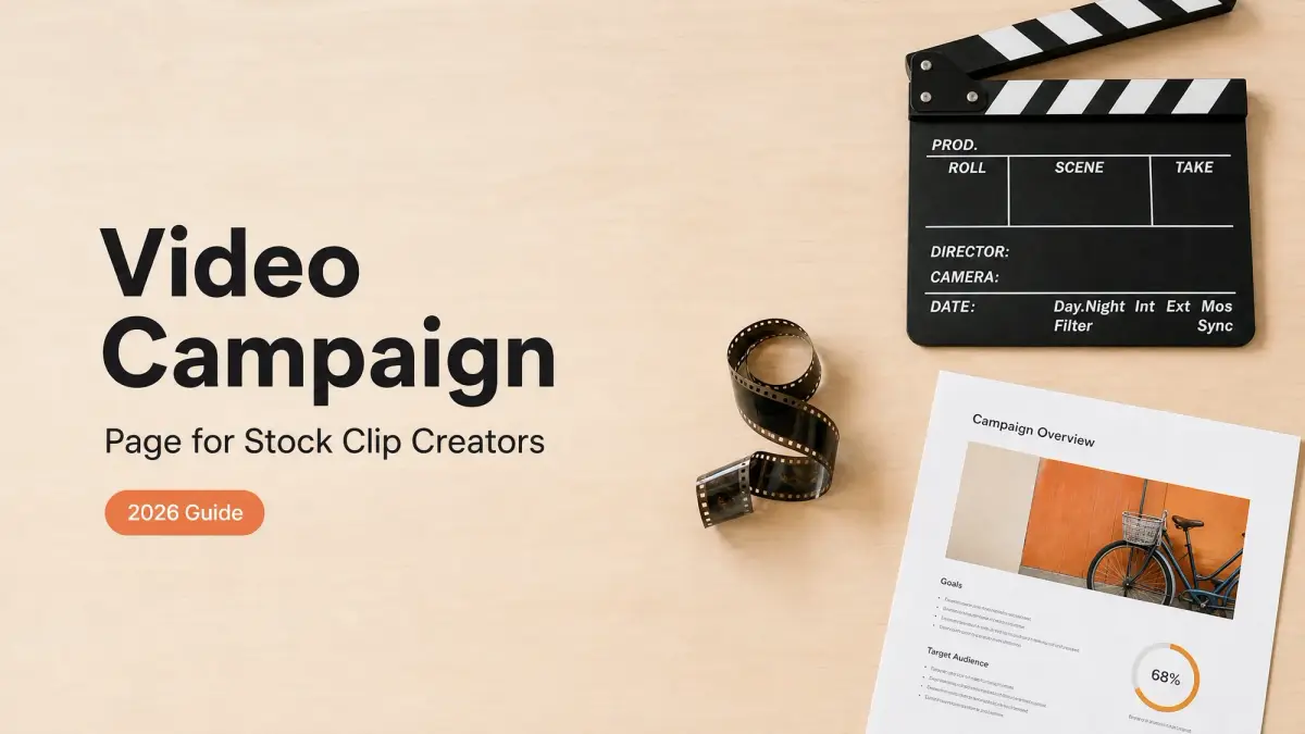 A 2026 guide and clapperboard on a desk for building a video campaign page for stock clip creators.