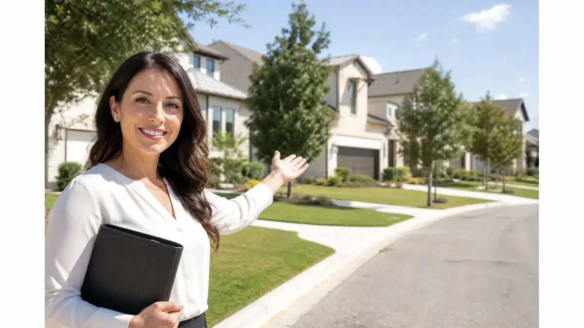 Smiling female real estate agent holding a folder and gesturing toward beautiful suburban homes, perfect example of professional headshot and lifestyle imagery for real estate bio examples for new agents.