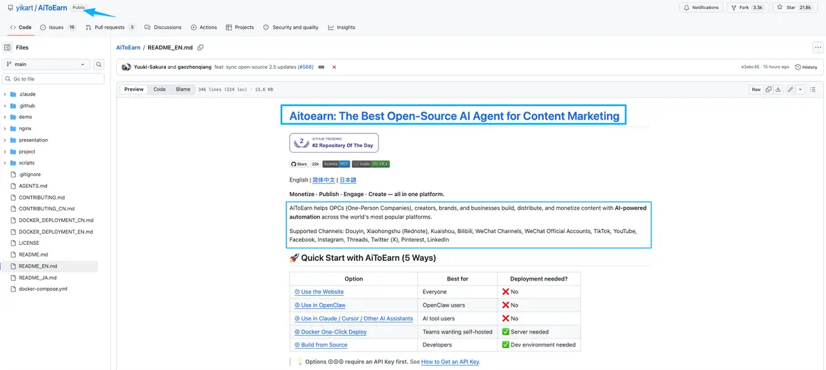Explore the AiToEarn GitHub repository, the best open-source AI agent designed specifically for content marketing automation.