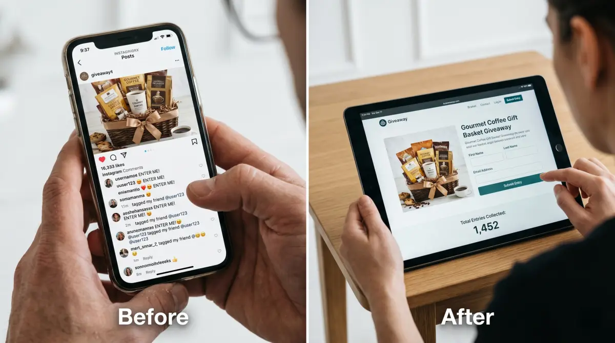 Before and after comparison showing messy Instagram comments versus tracking leads on a custom giveaway landing page.