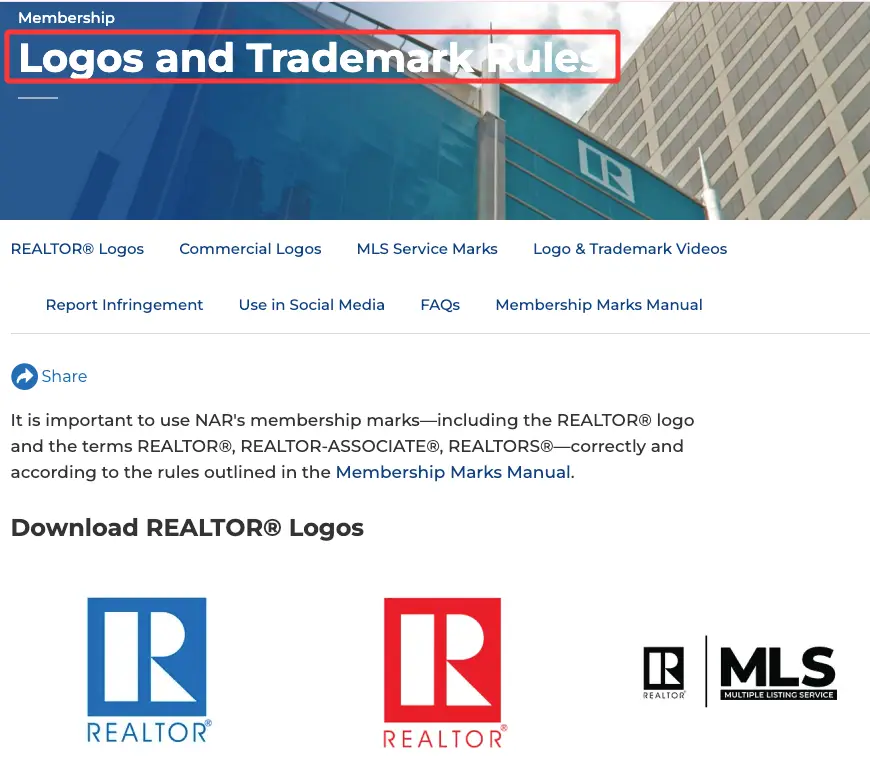 NAR guidelines page for using official Realtor logos alongside your chosen real estate sayings for business cards.