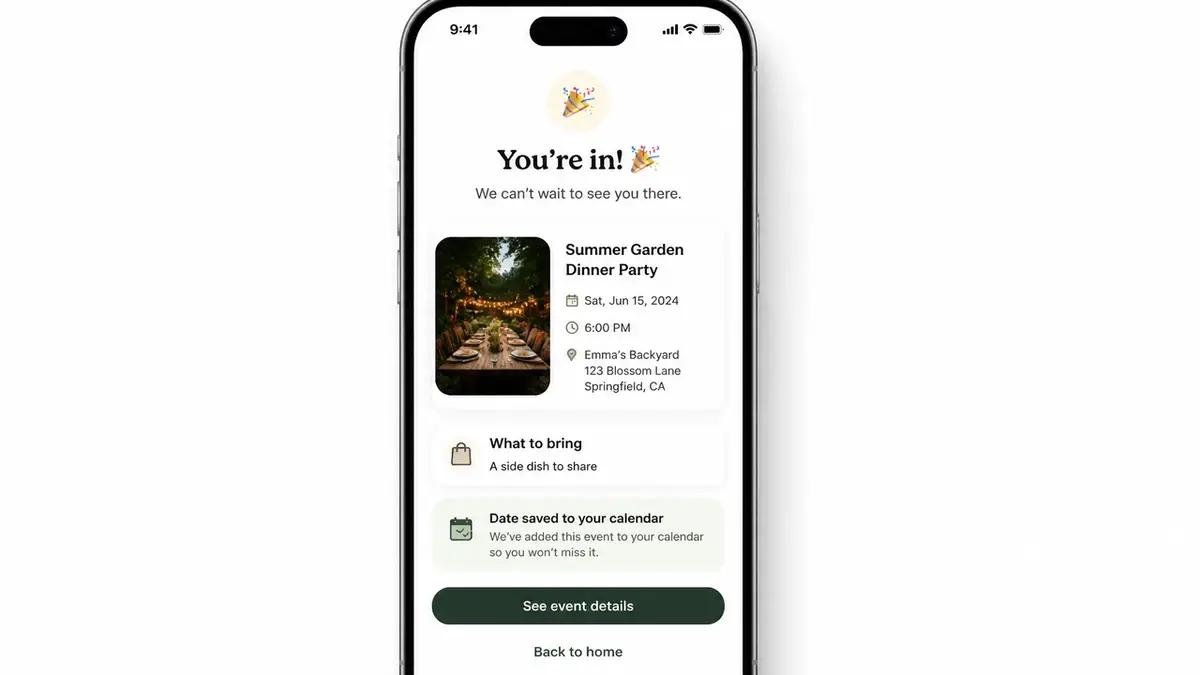 A mobile confirmation screen successfully displaying event details after a guest completes the online event rsvp form.