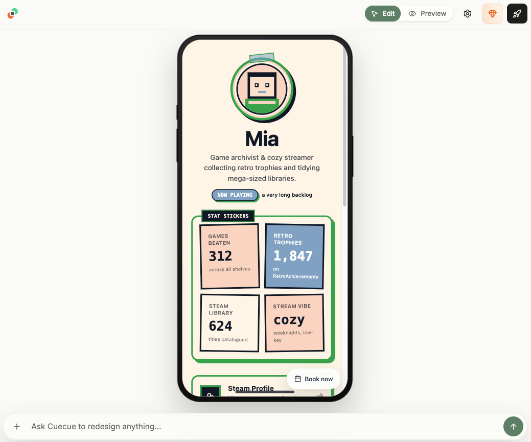 A completed mobile gamer profile page for Mia, displaying game stats, RetroAchievements trophies, and her Steam library.