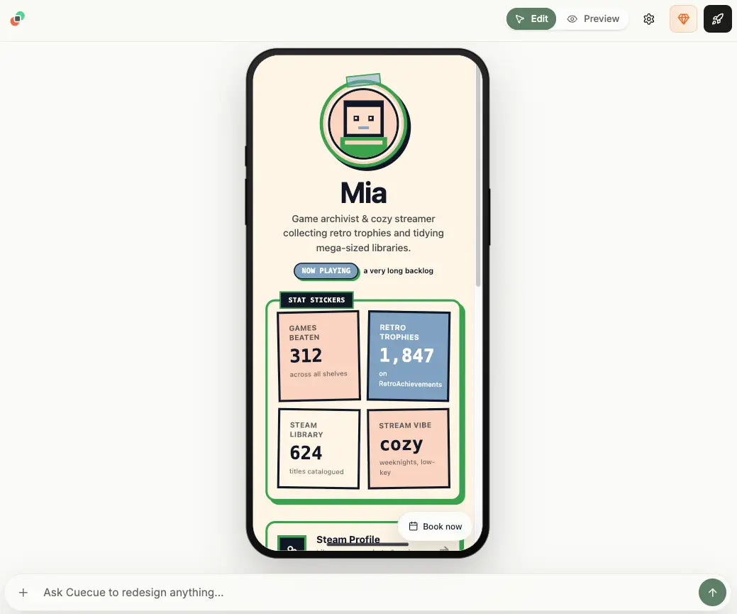 A completed mobile gamer profile page for Mia, displaying game stats, RetroAchievements trophies, and her Steam library.