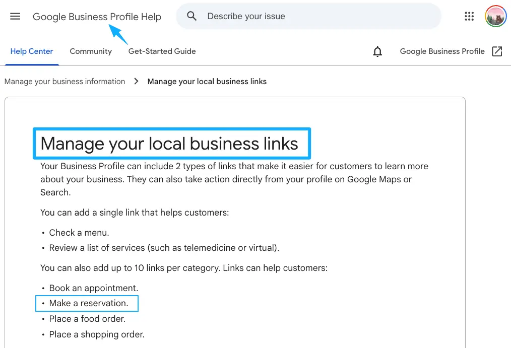 Google Business Profile help page showing how to add reservation links to your online world cup match schedule card.