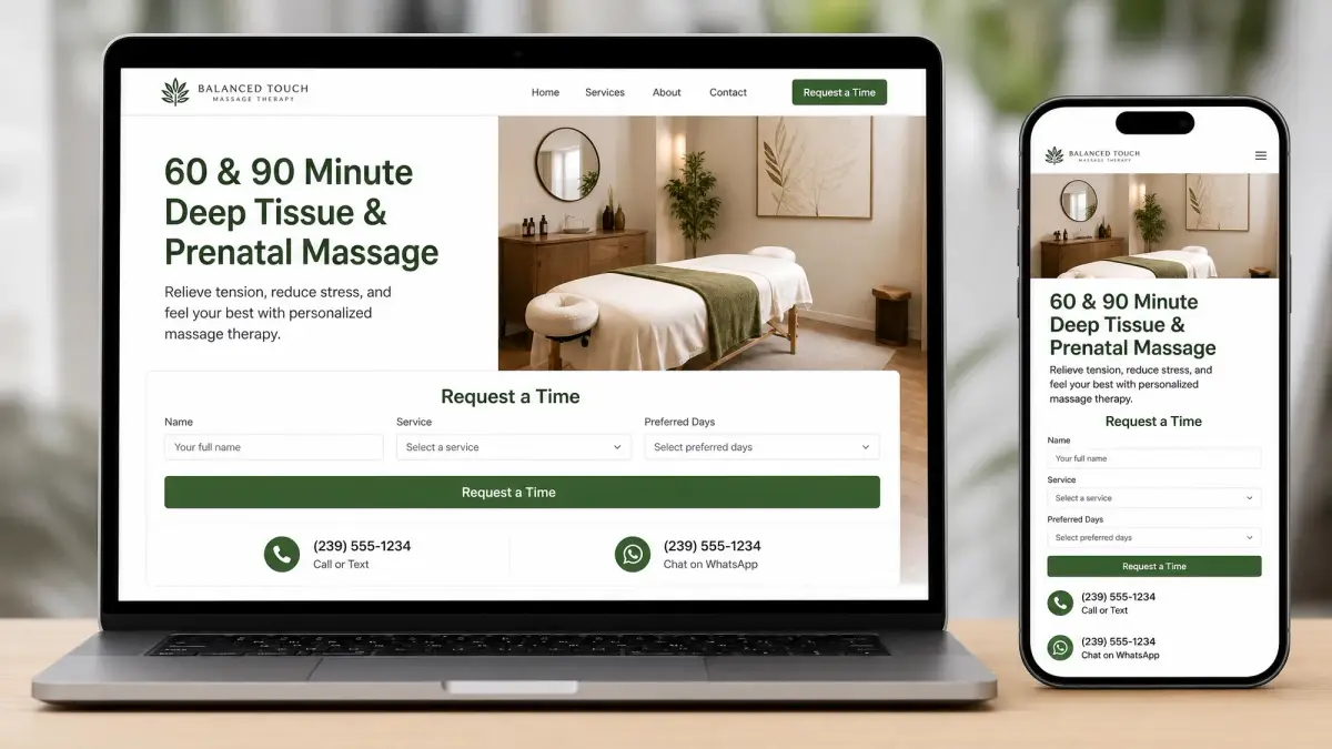 A laptop and smartphone displaying a detailed massage therapy booking page example with multi-step forms.
