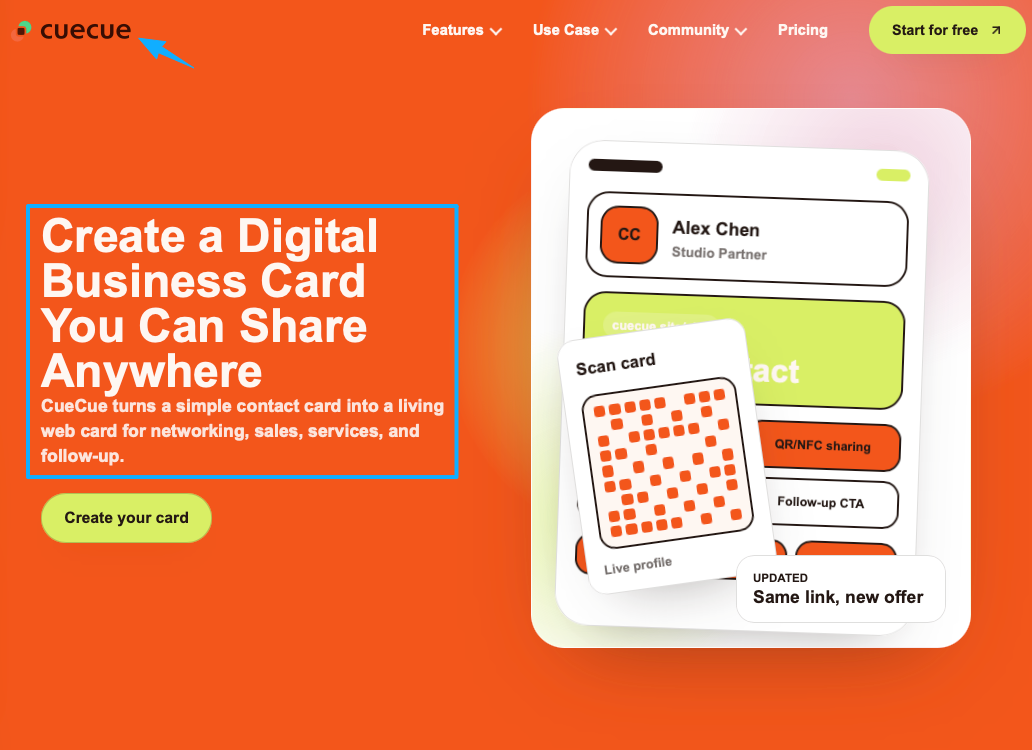CueCue digital business card platform evaluated as one of the Podia alternatives.