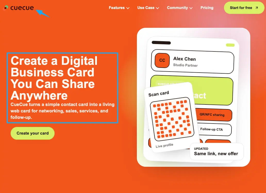 CueCue digital business card platform evaluated as one of the Podia alternatives.