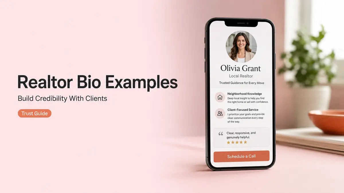 A smartphone displaying a real estate agent profile next to text about realtor bio examples.