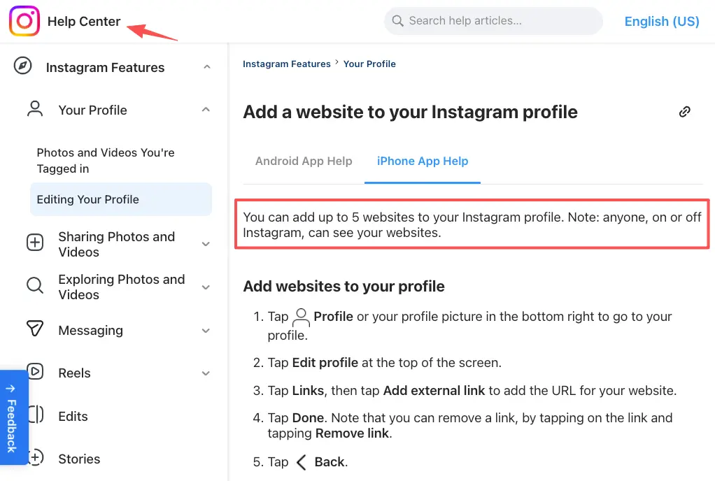 Instagram Help Center guide showing how to add up to 5 website links to your profile. Essential step for optimizing your Instagram bio for photographer with direct website traffic.