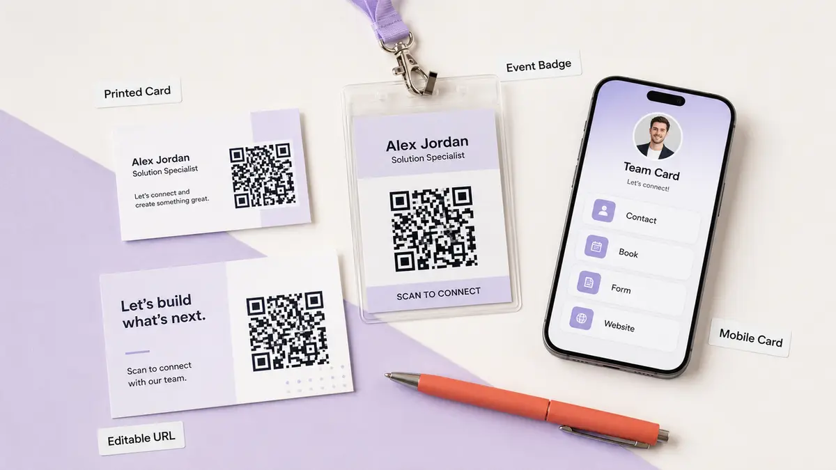 A desk with a printed card, event badge, mobile card on a phone, all featuring QR codes.