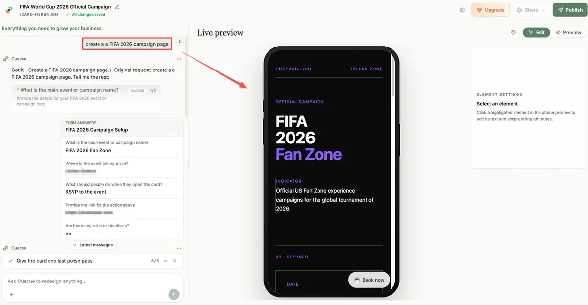 A user dashboard interface used to create and edit a live preview of a custom FIFA 2026 campaign page for local events.