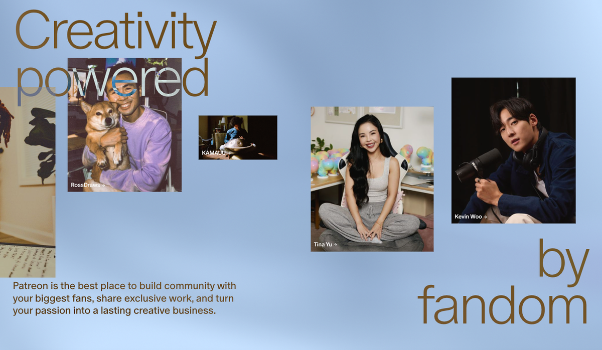 Collage of diverse artists highlighting creativity powered by fandom as they explore viable patreon alternatives.