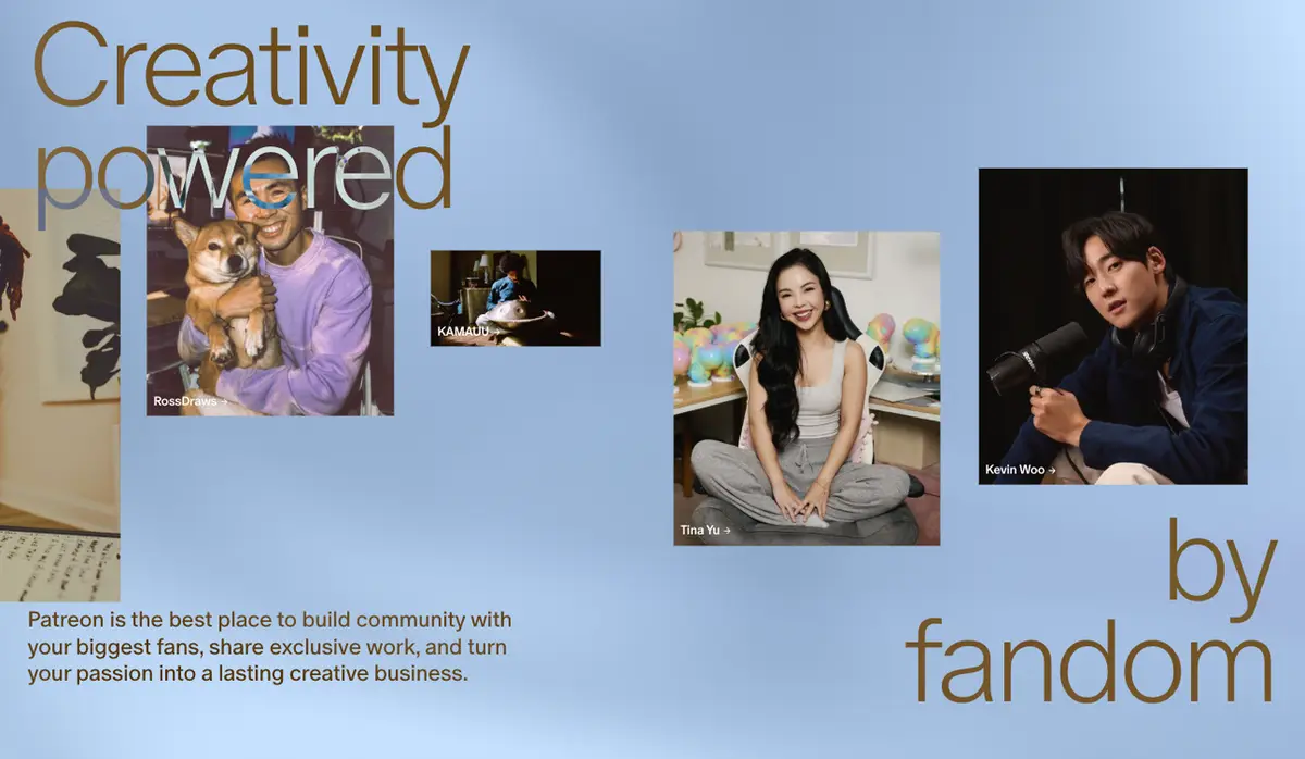Collage of diverse artists highlighting creativity powered by fandom as they explore viable patreon alternatives.