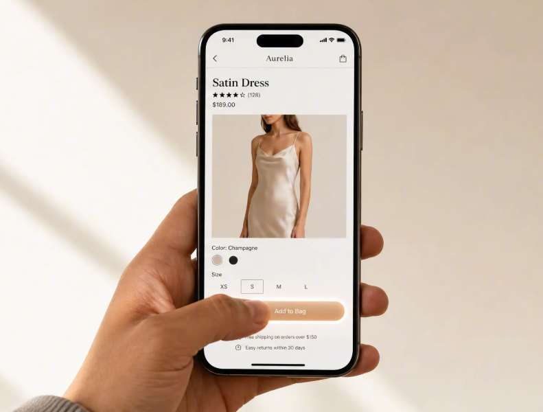 Hand holding smartphone displaying mobile apparel product landing page examples and UI.