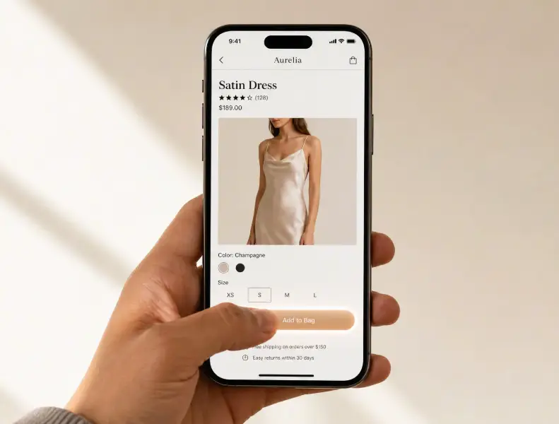 Hand holding smartphone displaying mobile apparel product landing page examples and UI.