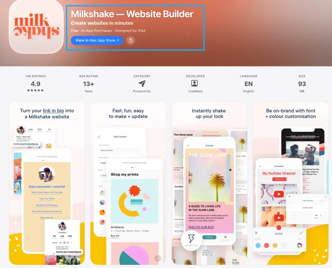 The Milkshake app store page highlights its website builder tools in our Milkshake vs Linktree app feature analysis.