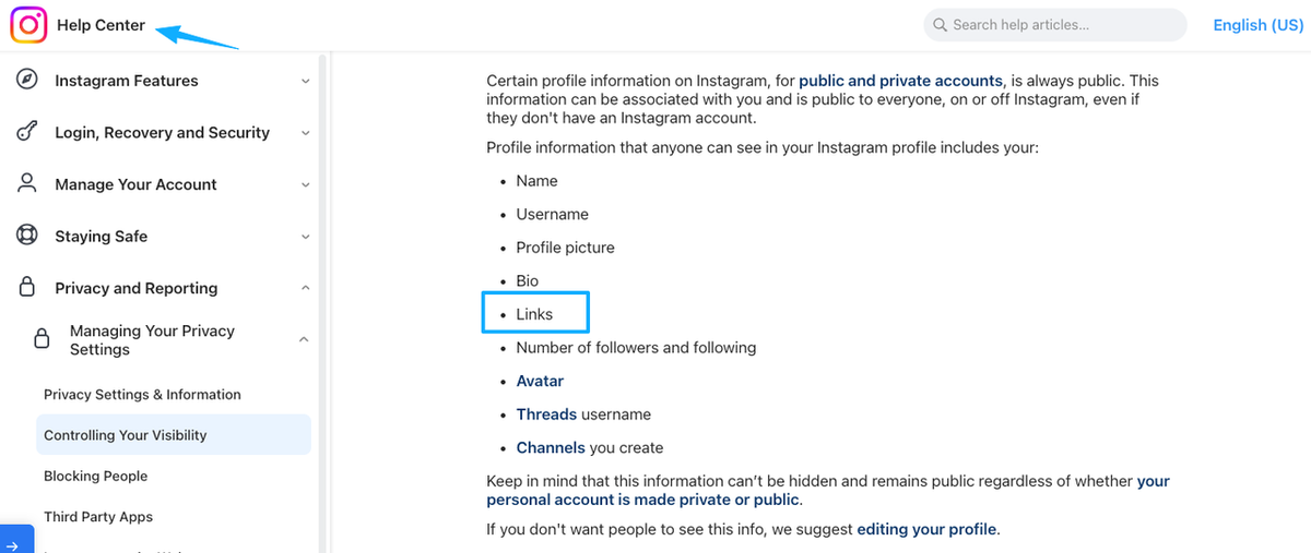 Instagram help center instructions on how to add the best link in bio for creators to your public profile settings.