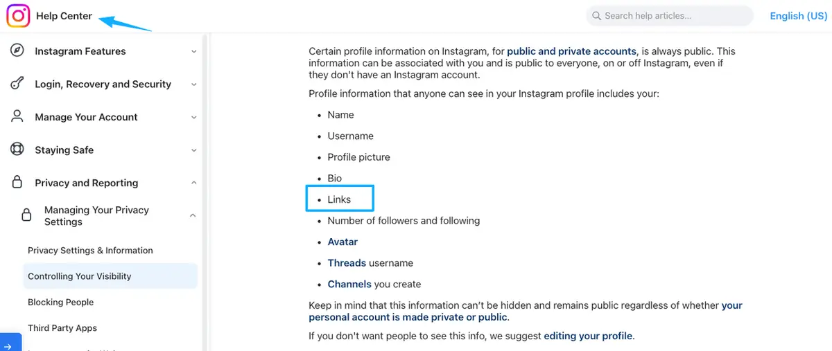 Instagram help center instructions on how to add the best link in bio for creators to your public profile settings.