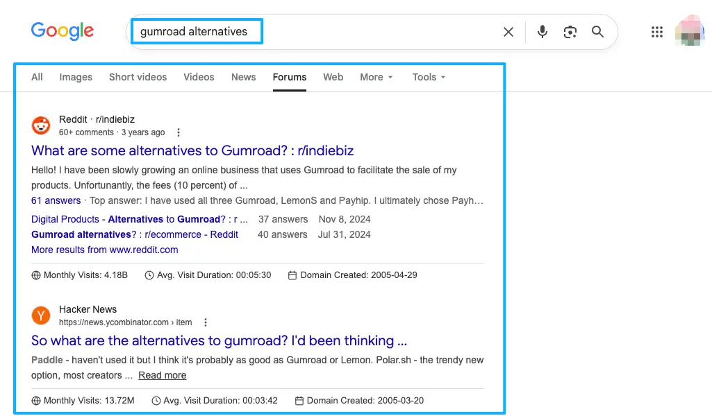 Google search results page showing top discussions on Gumroad alternatives on Reddit and Hacker News, helping creators find better platforms with lower fees.