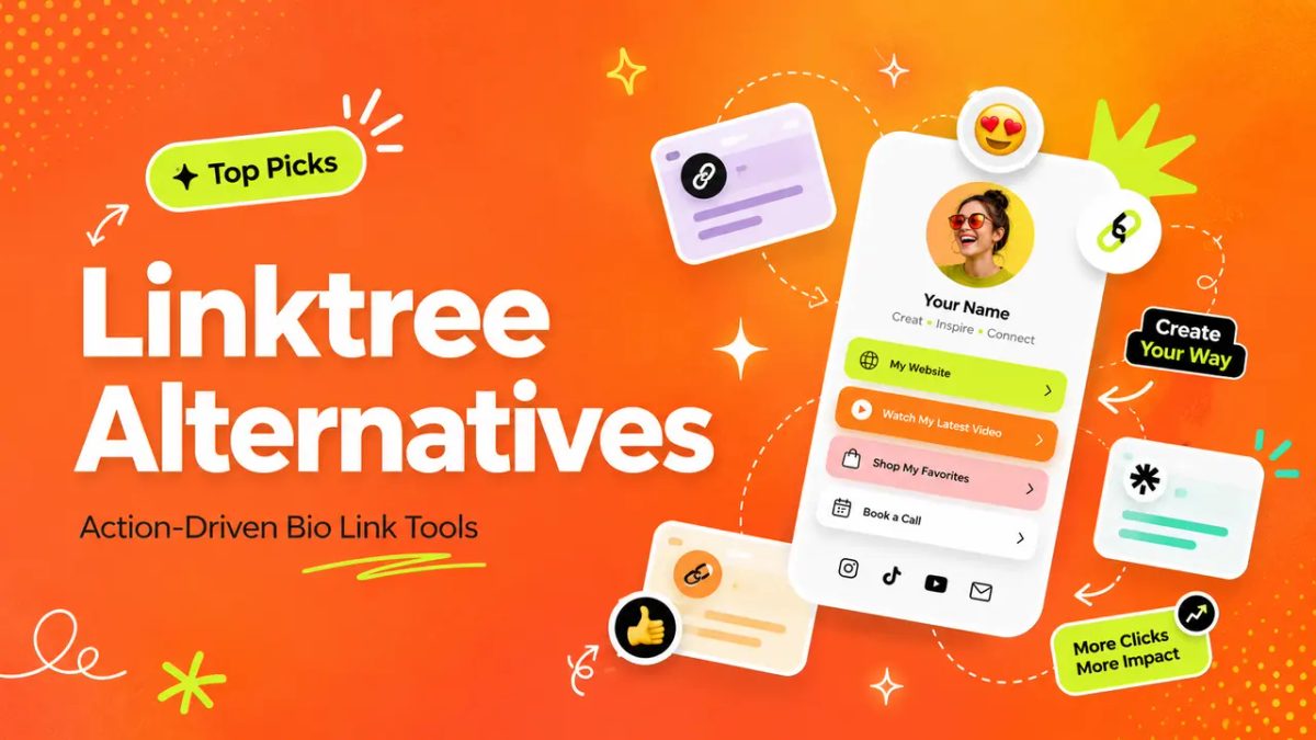 Marketing graphic for action-driven linktree alternatives, displaying a smartphone with link buttons and key features.