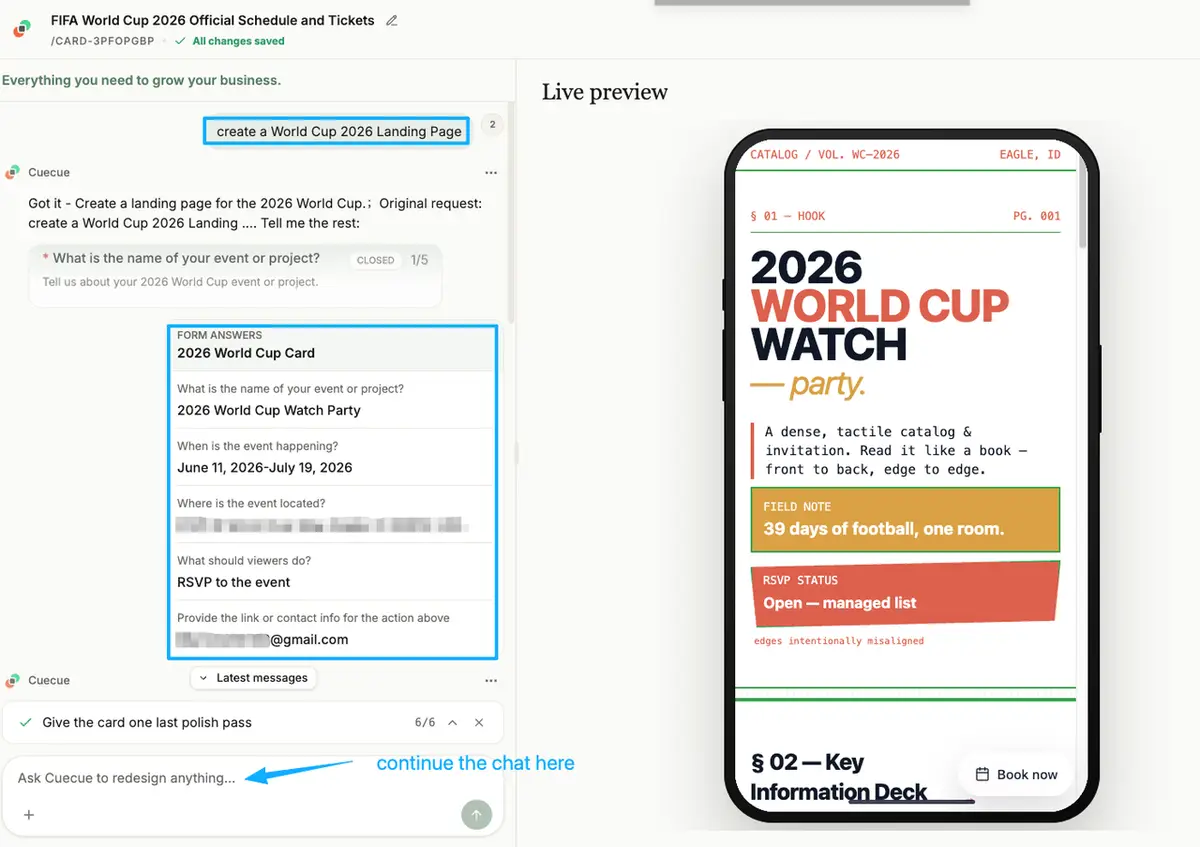 Using an AI design tool with prompt inputs to generate a custom mobile world cup 2026 landing page for a watch party.