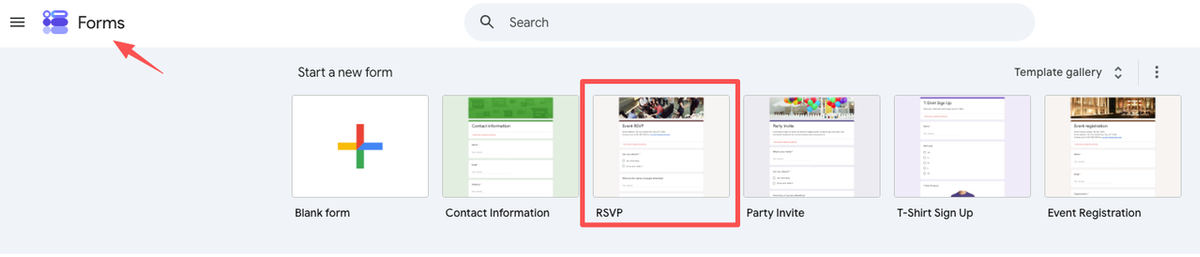 Navigate the Google Forms gallery to select the default google form rsvp template for creating quick event invitations.