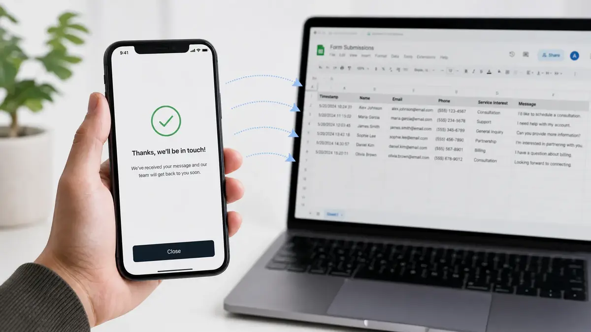 Automatic data syncing from a mobile trade show lead form template to a Google Sheets spreadsheet for quick access.