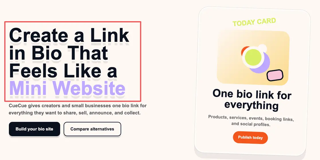 Considering CueCue as a mini website alternative during the Milkshake vs Linktree evaluation for creator link tools.