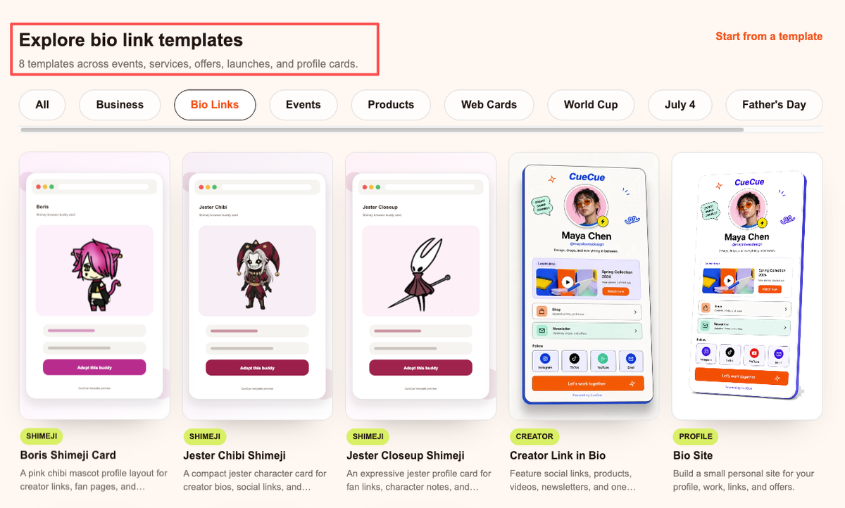 Exploring bio link templates on CueCue, highlighting creative creator profiles and shimeji cards as carrd alternatives.