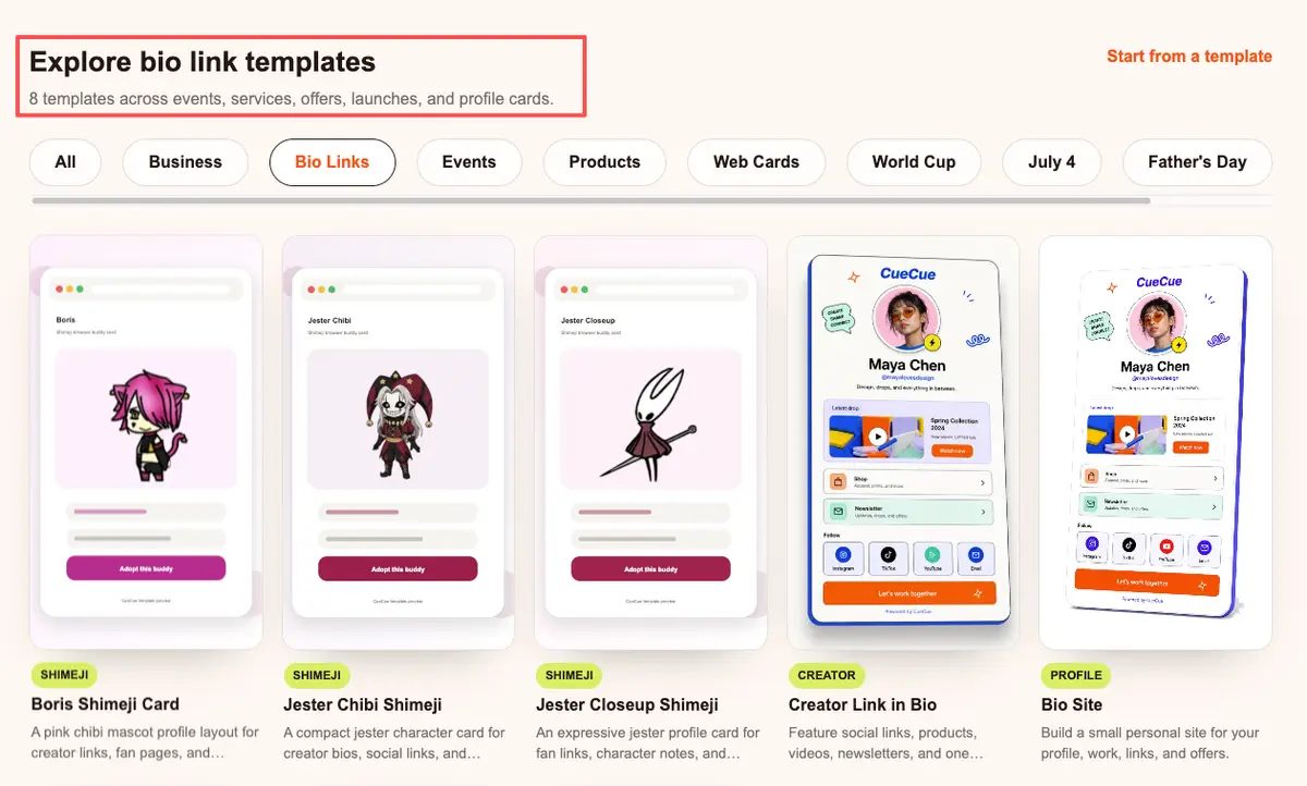 Exploring bio link templates on CueCue, highlighting creative creator profiles and shimeji cards as carrd alternatives.