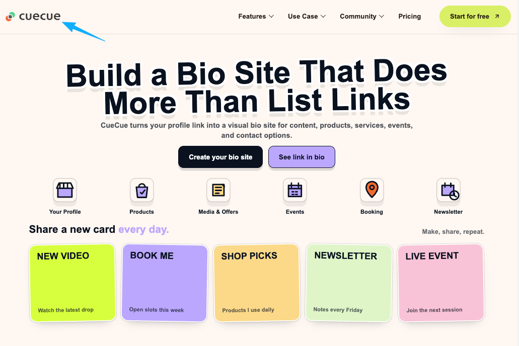 Build a custom bio site on CueCue to share all your gaming links, including your retroachievements profile URL.