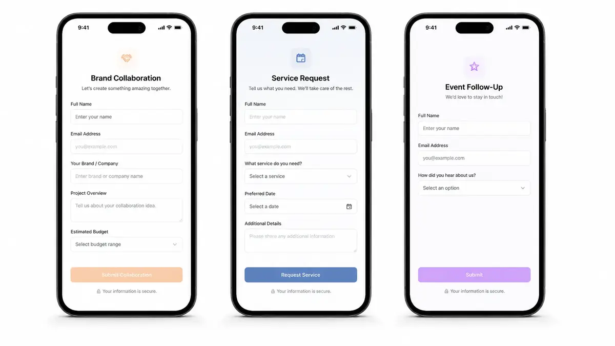 Explore three distinct lead form template variations for brand collaborations, service requests, and event follow-ups.