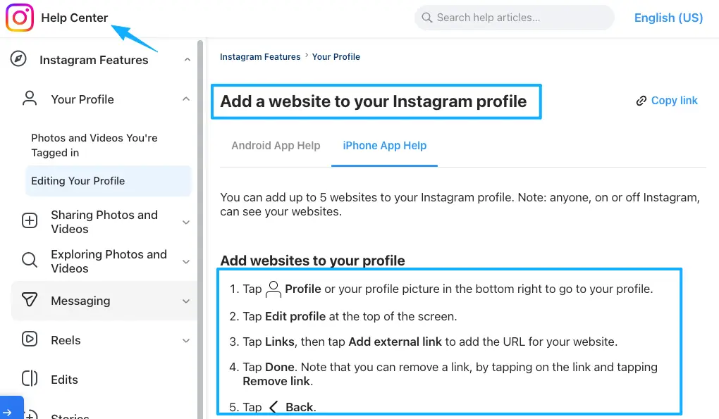 Instagram help center guide on adding a website link to direct your profile followers to a world cup match schedule card.