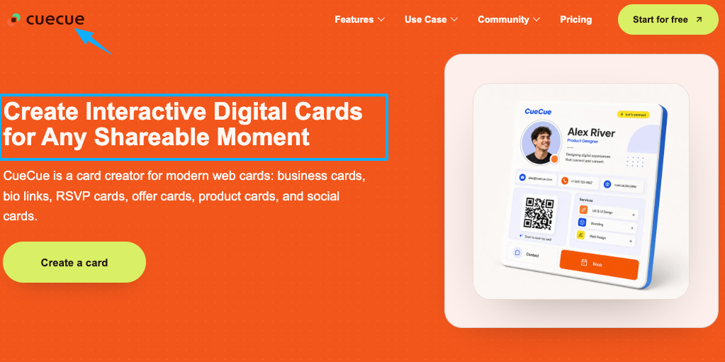 Cuecue homepage showcasing interactive digital cards, an excellent tool for building a customized gamer profile page.