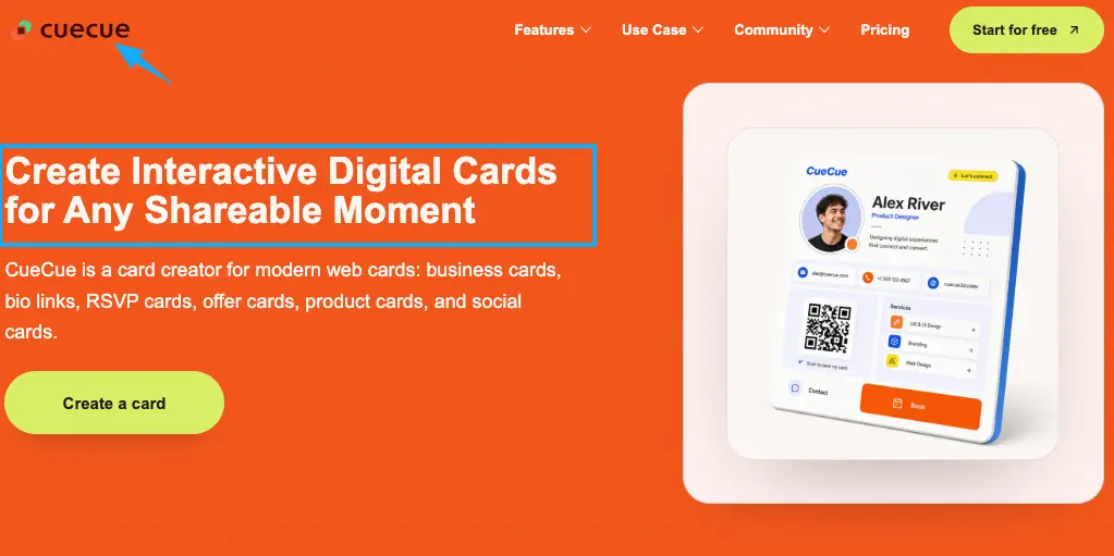 Cuecue homepage showcasing interactive digital cards, an excellent tool for building a customized gamer profile page.
