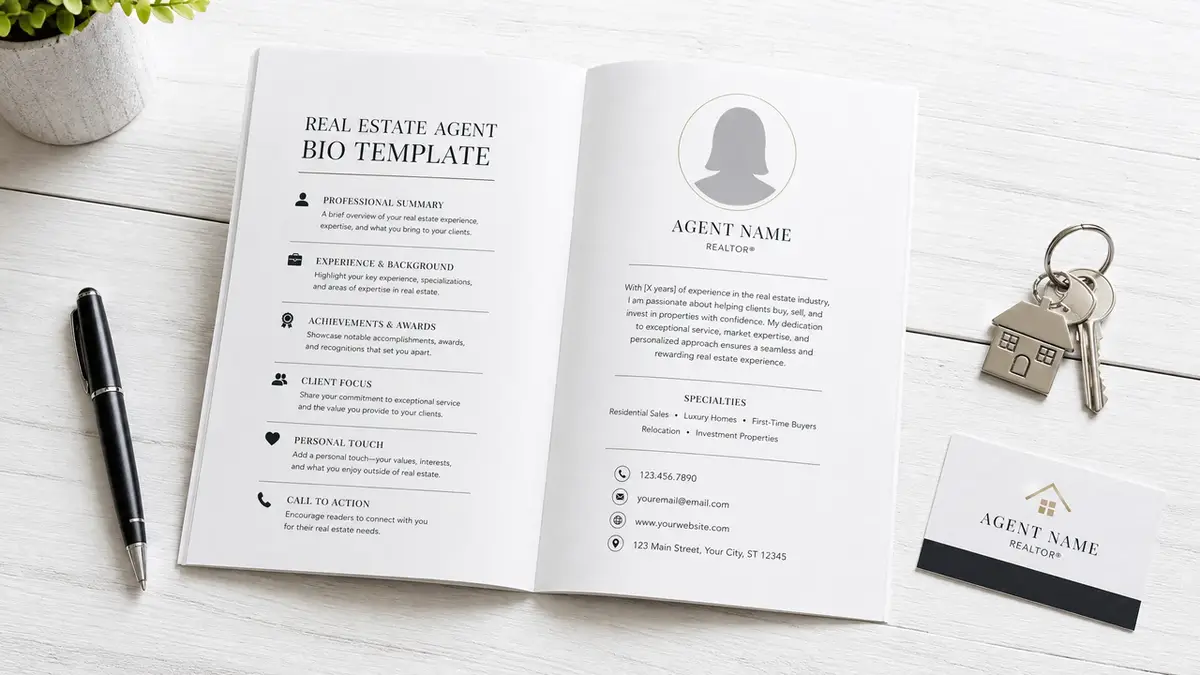An open printed booklet displaying a professional new real estate agent bio template alongside a pen and house keys.