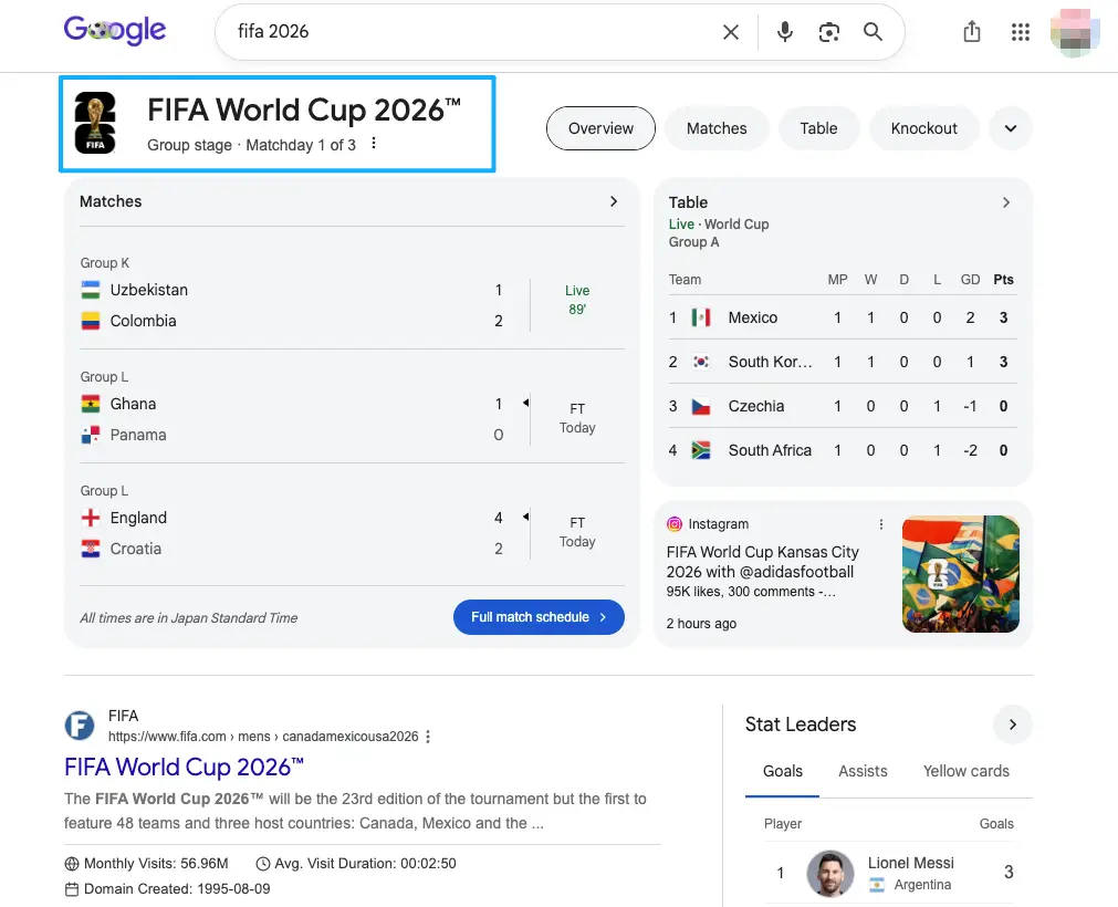 Google search results showing schedules and stats to inspire content for your world cup 2026 landing page creation.