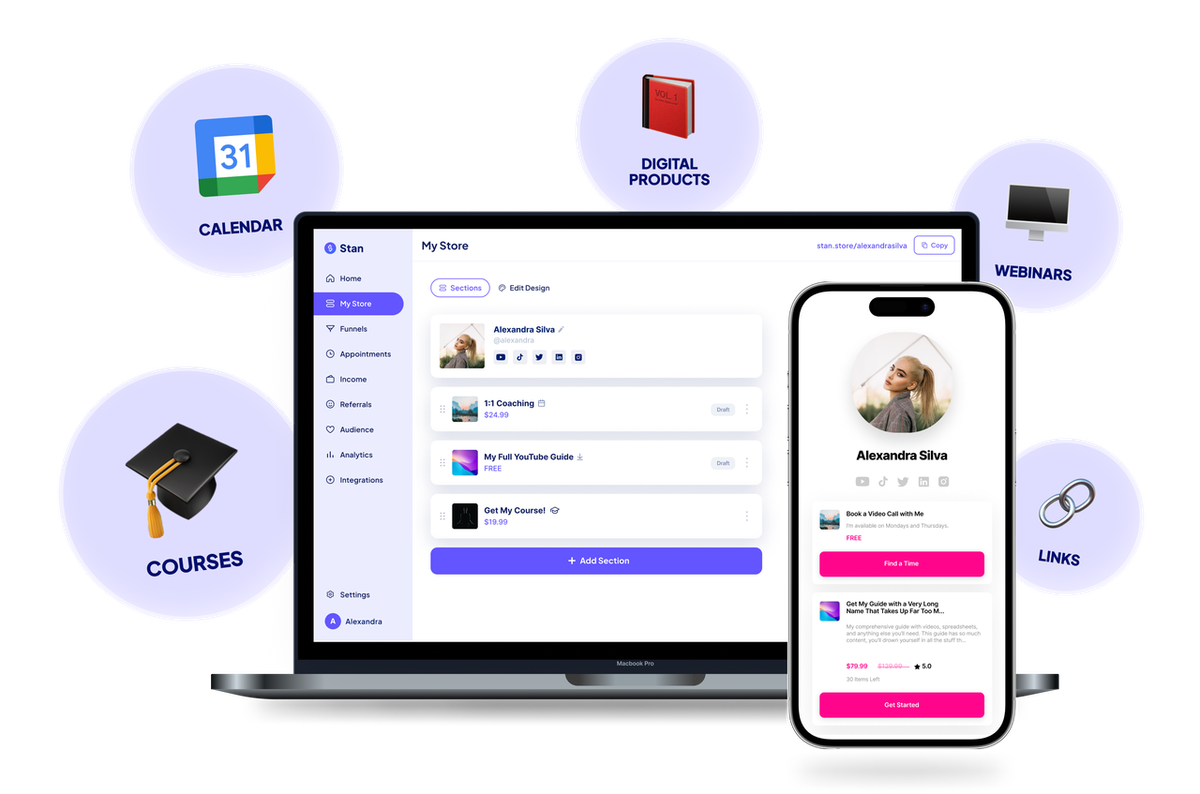 Creator dashboard interface highlighting Stan Store vs Shopify features like courses, webinars, and digital products.