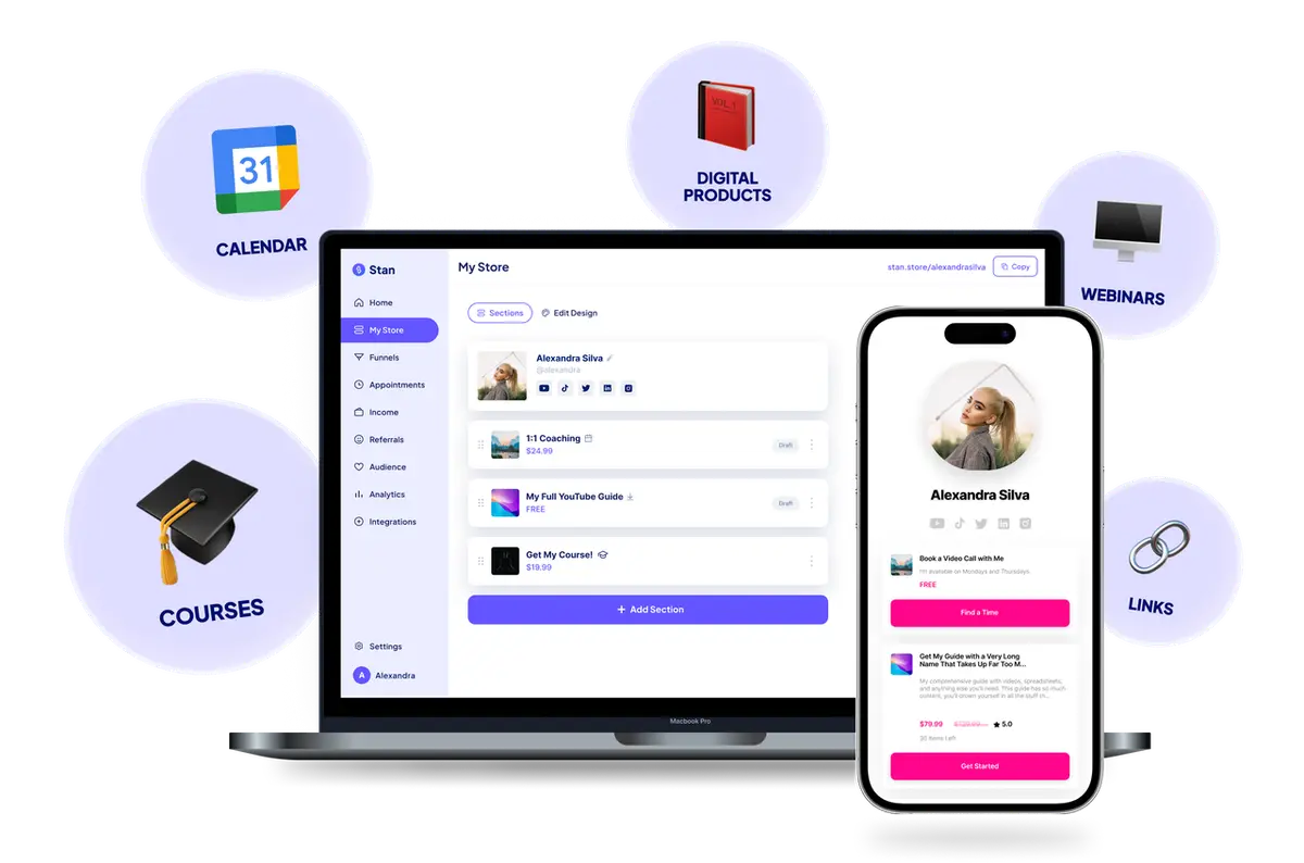 Creator dashboard interface highlighting Stan Store vs Shopify features like courses, webinars, and digital products.