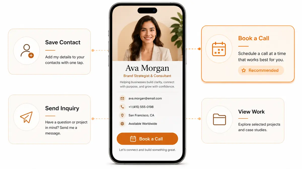 iPhone screen listing key features to include when learning how to make a digital business card with contact options.