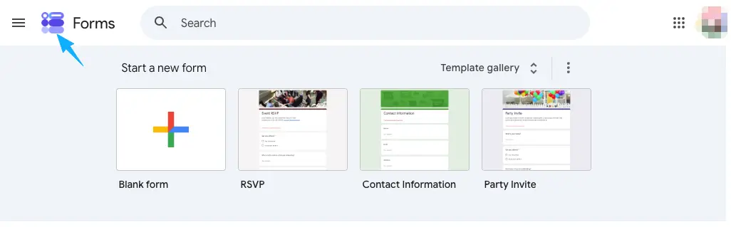 Google Forms template gallery showing RSVP and invite options to integrate into a world cup 2026 landing page design.