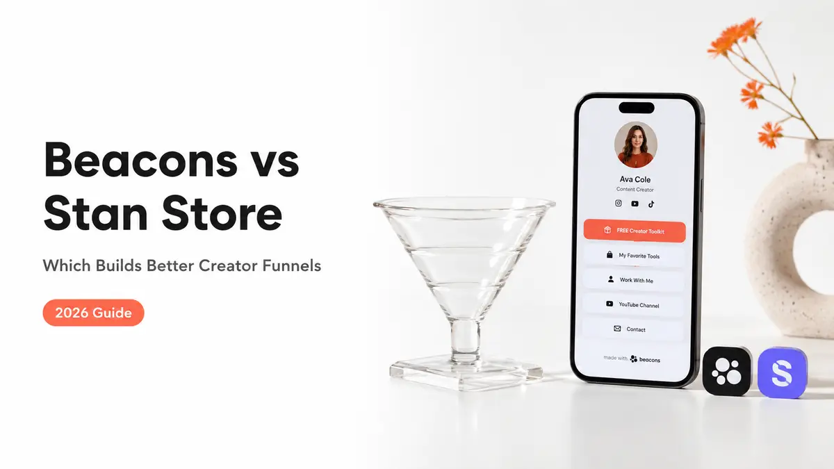 Comparing Beacons vs Stan Store funnel building tools on a smartphone for content creators.