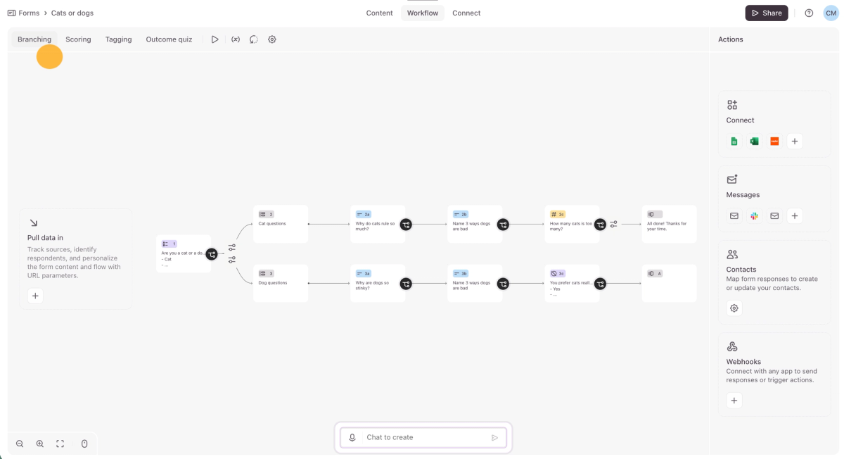 A visual workflow builder showing complex branching logic, an essential feature for advanced typeform alternatives.